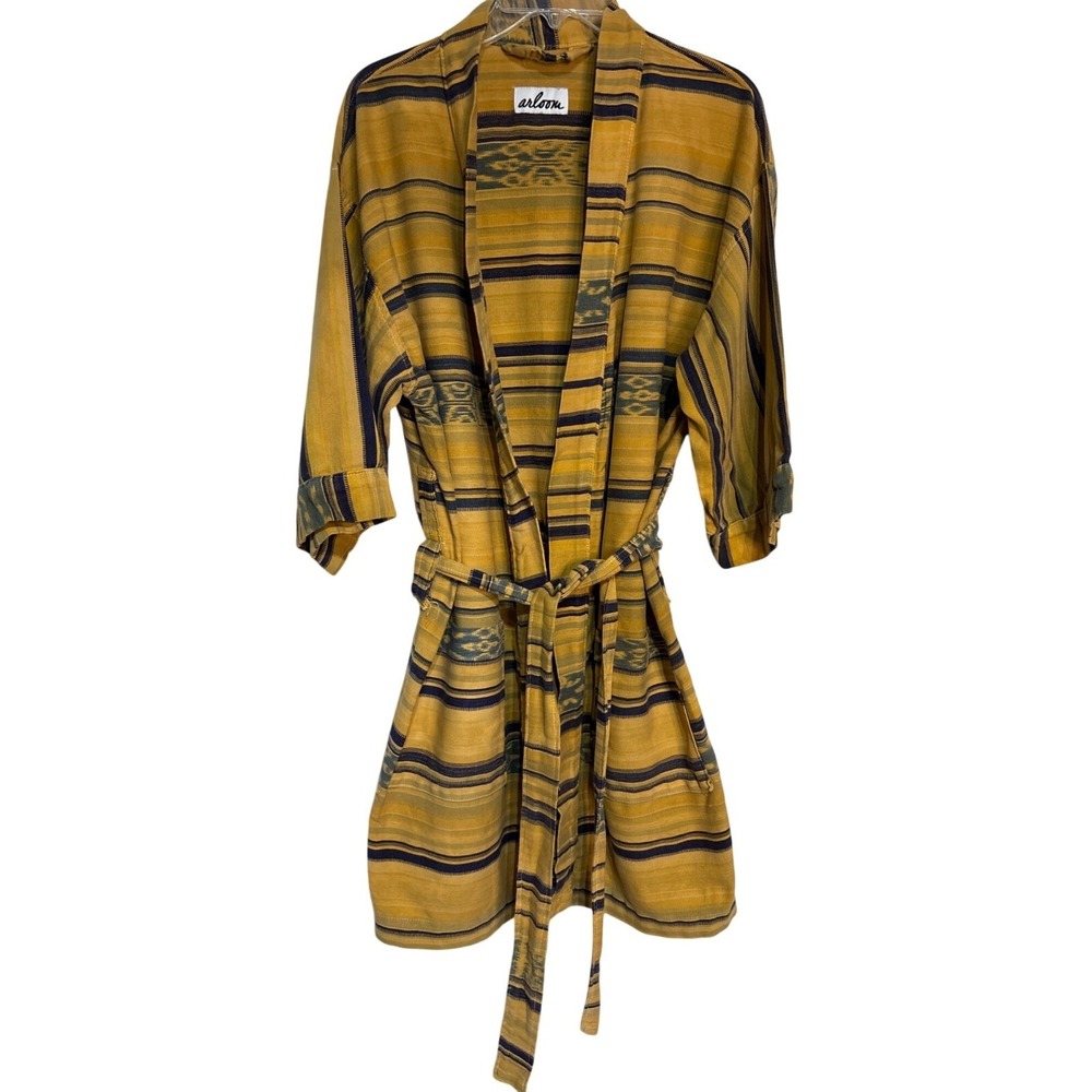 Arloom Woven Ikat Stripe Robe Jacket Mustard Yellow Navy Blue One Size Boho